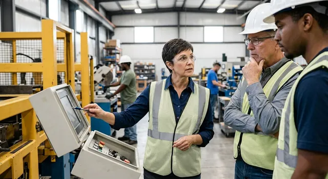 Worker in a hard hat and safety vest using a handheld scanner in a warehouse aisle Worker in a hard hat and safety vest using a handheld scanner in a warehouse aisle