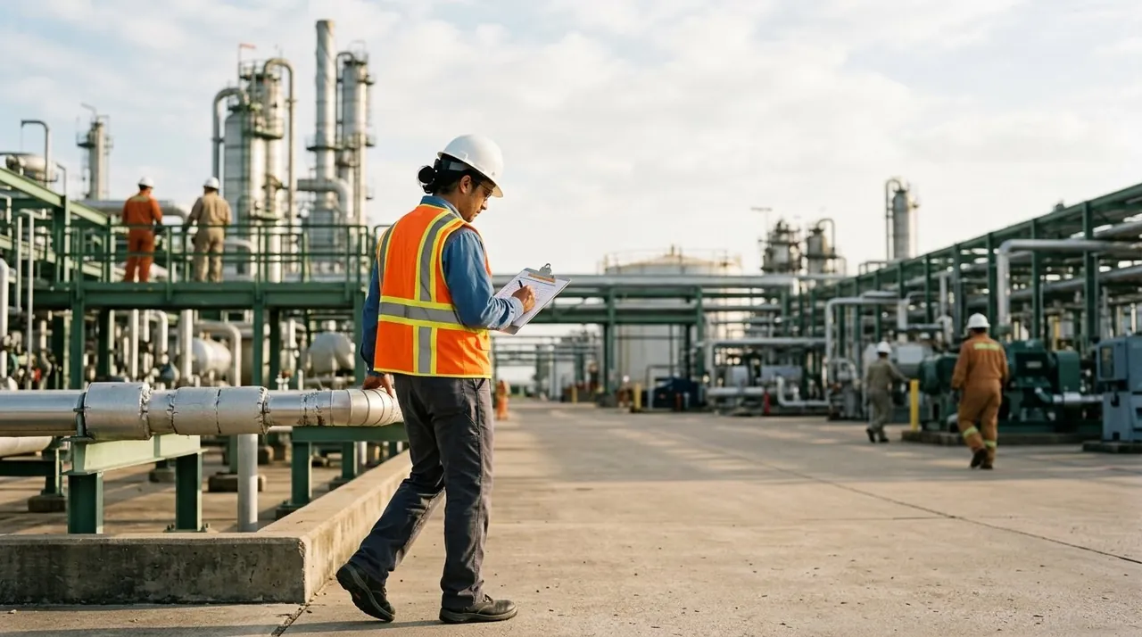 Third-party safety audits in progress at a Houston industrial facility yard during a routine compliance inspection.
