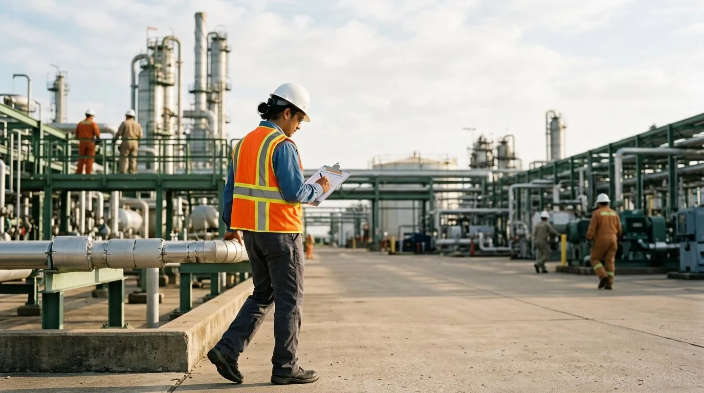Third-party safety audits in progress at a Houston industrial facility yard during a routine compliance inspection.