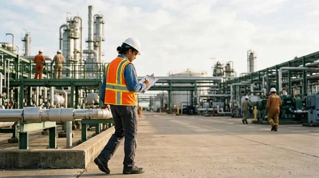 Third-party safety audits in progress at a Houston industrial facility yard during a routine compliance inspection.