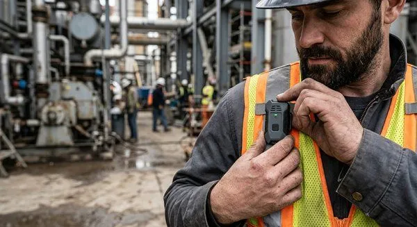 Worker in a hard hat and safety vest using a handheld scanner in a warehouse aisle Worker in a hard hat and safety vest using a handheld scanner in a warehouse aisle