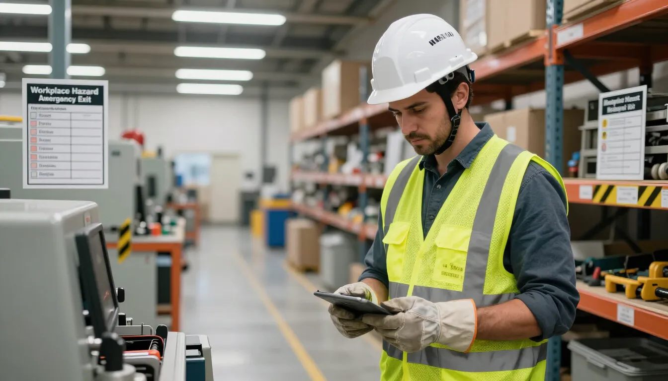 Worker in a hard hat and safety vest using a handheld scanner in a warehouse aisle